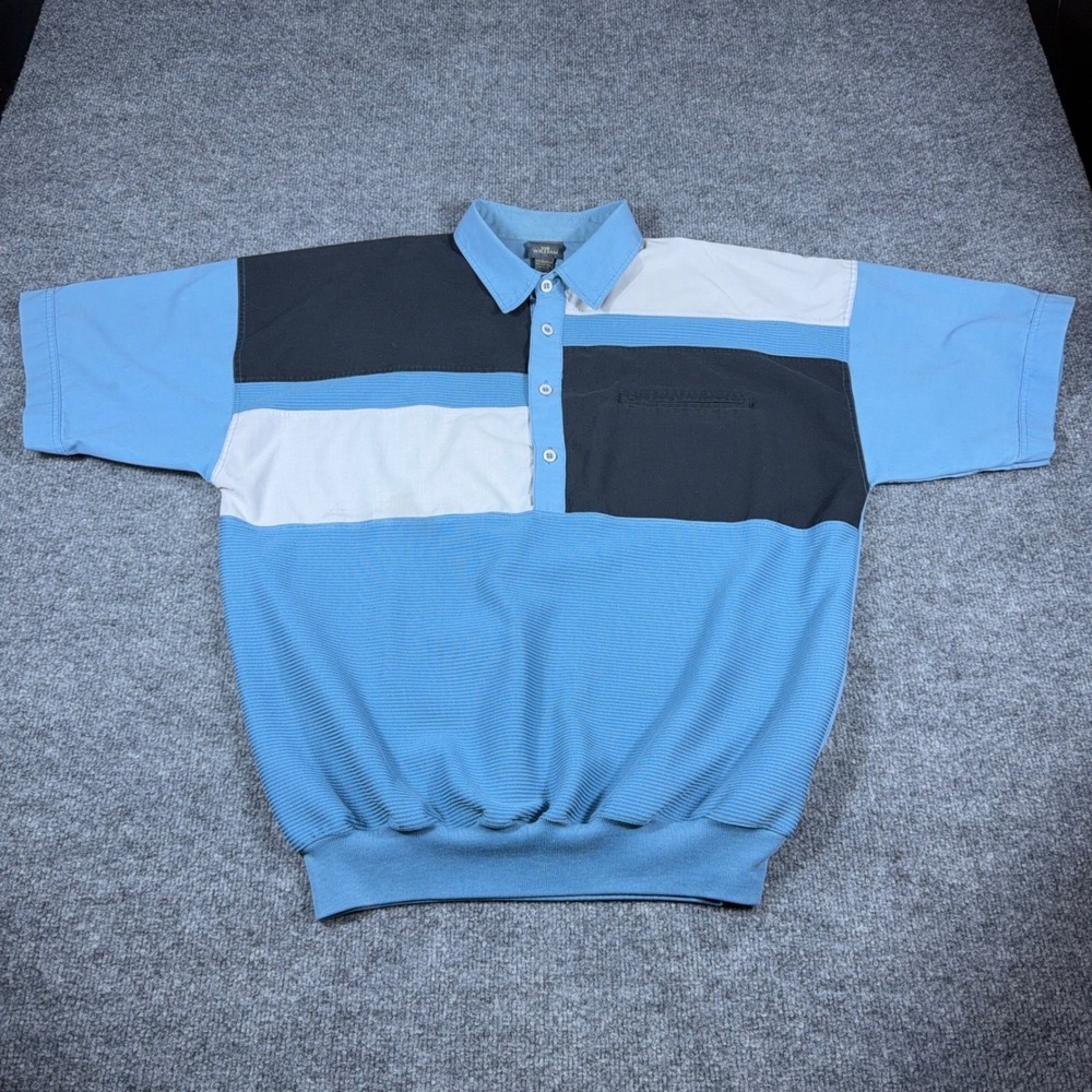Men's Vintage 80s 90s Colorblock Knit Polo Shirt Blue Golf